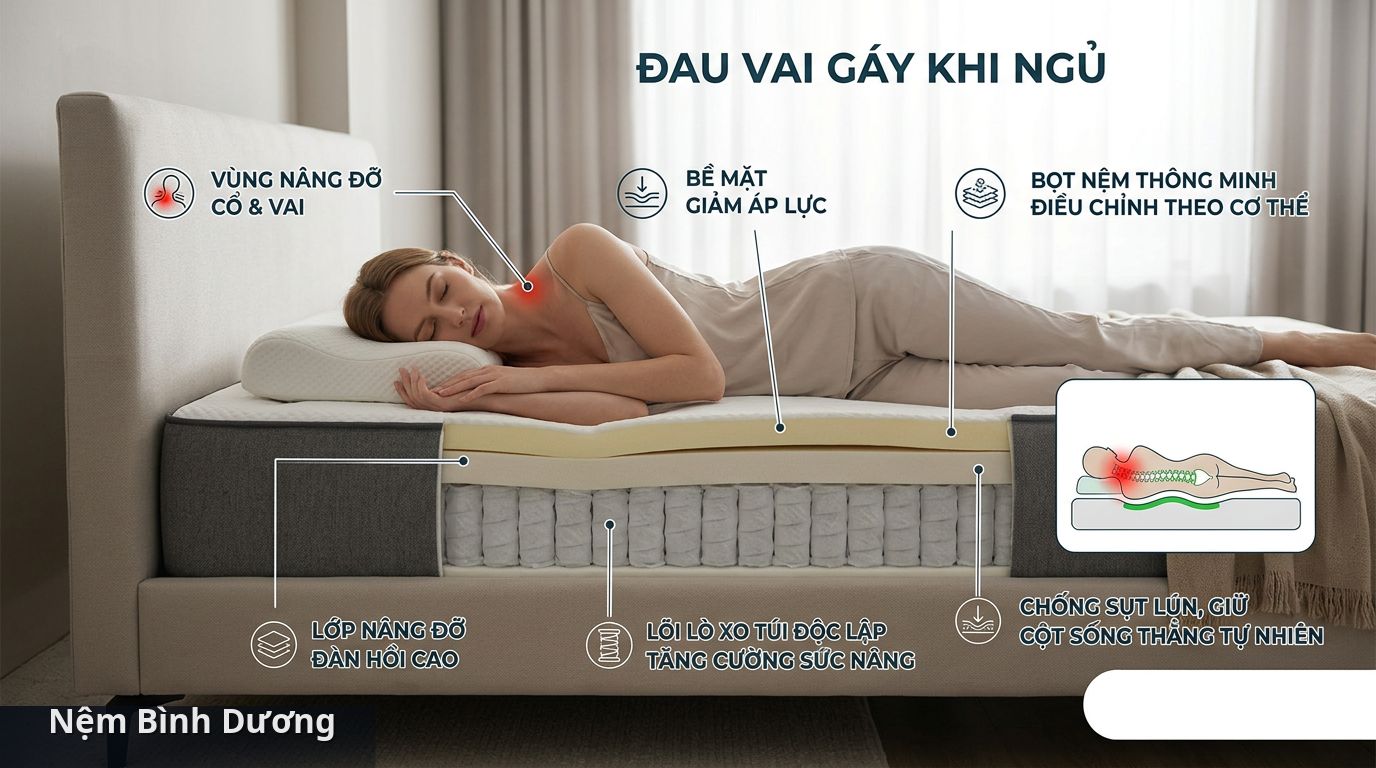 Chọn nệm giảm đau vai gáy cần chú ý độ đàn hồi và khả năng nâng đỡ - đau vai gáy khi ngủ