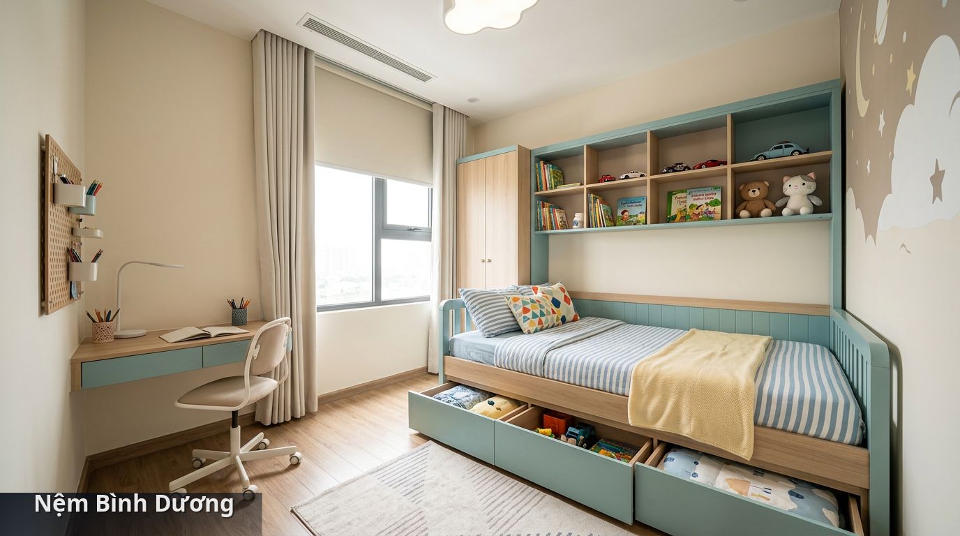 Thiết kế phòng ngủ cho bé với giường thông minh giúp tối đa diện tích - kích thước nệm trẻ em