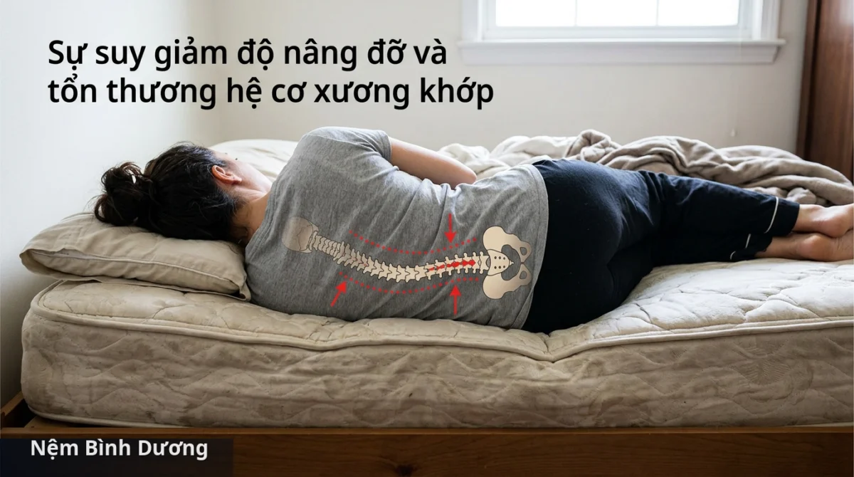 Cột sống bị sai lệch tư thế khi sử dụng nệm lâu năm không thay thế - Nệm cũ ảnh hưởng đến sức khỏe giấc ngủ thế nào? 3 Cột sống bị sai lệch tư thế khi sử dụng nệm lâu năm không thay thế - Nệm cũ ảnh hưởng đến sức khỏe giấc ngủ thế nào?