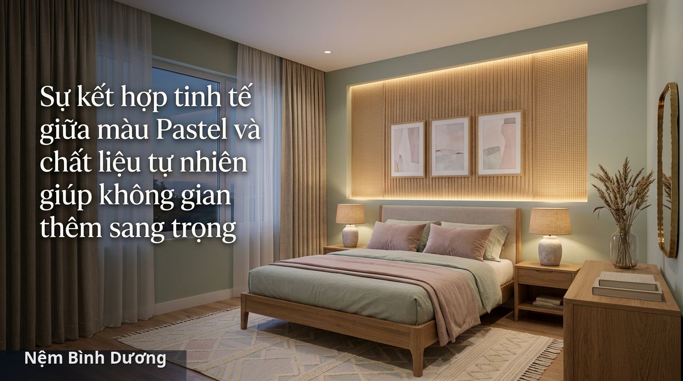 Sự kết hợp tinh tế giữa màu Pastel và chất liệu tự nhiên giúp không gian thêm sang trọng - Xu hướng màu Pastel phòng ngủ 2027