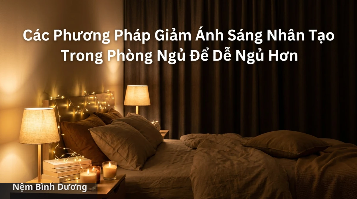 Sử dụng ánh sáng vàng ấm và đèn có chế độ điều chỉnh độ sáng giúp tạo ra môi trường thư giãn, hỗ trợ giấc ngủ ngon. - Cách giảm ánh sáng trong phòng ngủ để dễ ngủ hơn