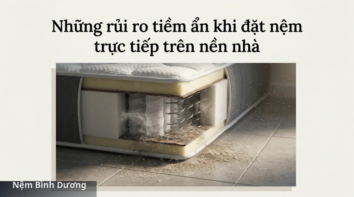 Hơi ẩm và bụi bẩn dễ tích tụ khi nệm tiếp xúc trực tiếp với mặt sàn kín khí - Có nên đặt nệm trực tiếp xuống sàn nhà không 3 Hơi ẩm và bụi bẩn dễ tích tụ khi nệm tiếp xúc trực tiếp với mặt sàn kín khí - Có nên đặt nệm trực tiếp xuống sàn nhà không