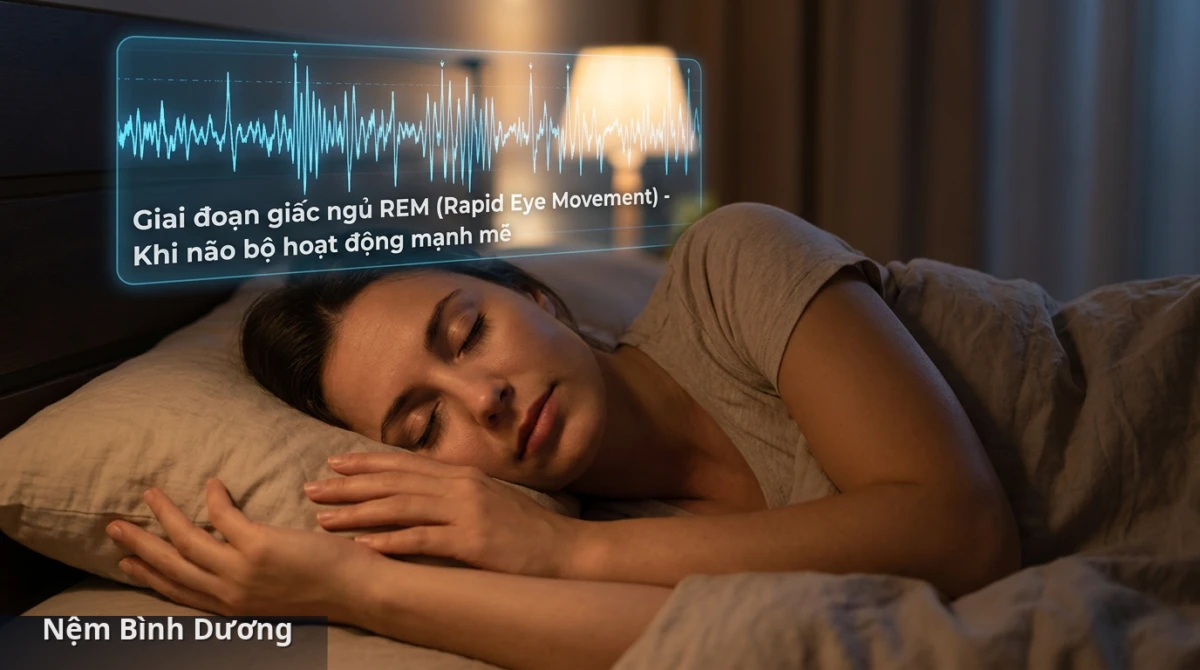 Giai đoạn giấc ngủ REM với hoạt động não bộ sôi nổi và chuyển động mắt nhanh, thể hiện vai trò quan trọng trong việc xử lý thông tin và cảm xúc. - Cơ thể thay đổi như thế nào trong từng giai đoạn của giấc ngủ