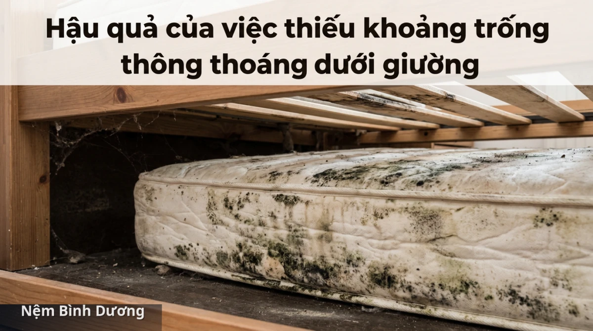 Nấm mốc và ẩm ướt tích tụ do thiếu thông thoáng có thể khiến nệm xuống cấp nhanh chóng và gây hại cho sức khỏe. - Khoảng trống dưới giường có vai trò gì đối với việc thông thoáng?