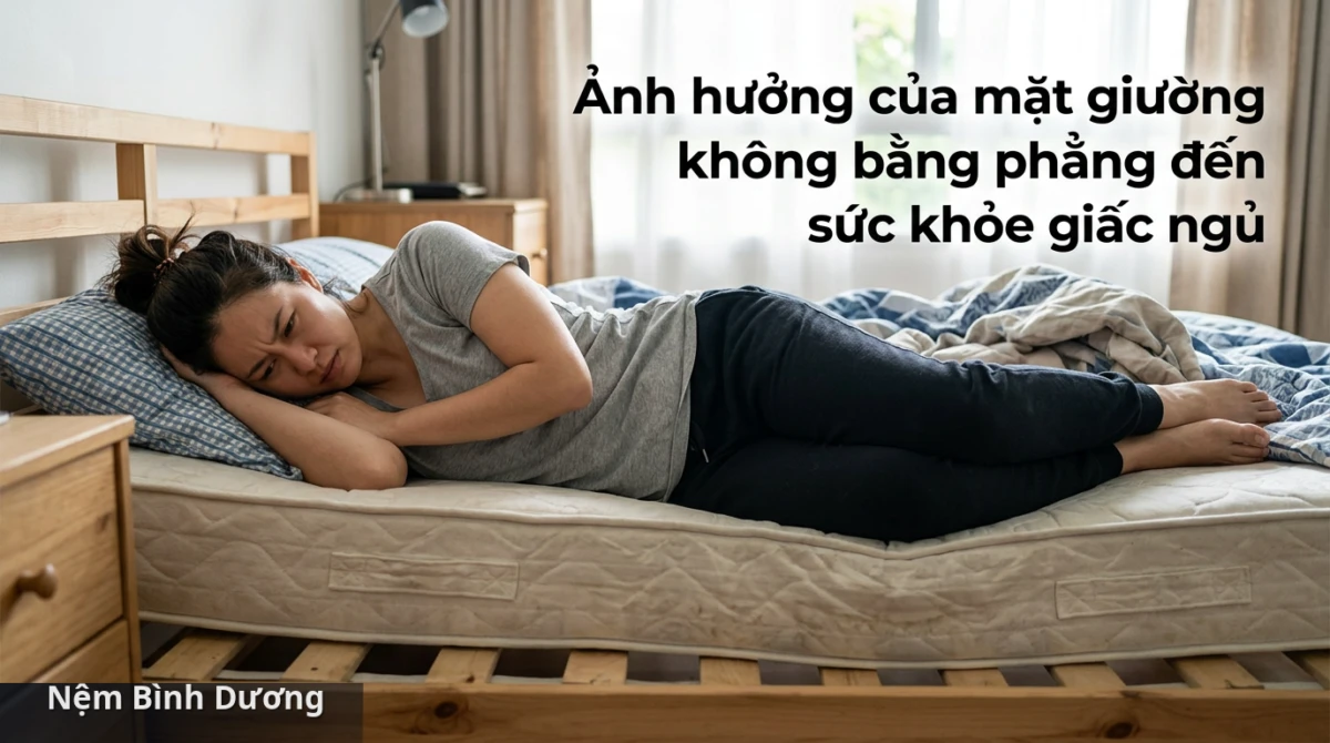 Nằm trên nệm biến dạng do mặt giường không phẳng có thể gây đau lưng và cổ. - Mặt giường không bằng phẳng có thể ảnh hưởng đến nệm ra sao? 3 Nằm trên nệm biến dạng do mặt giường không phẳng có thể gây đau lưng và cổ. - Mặt giường không bằng phẳng có thể ảnh hưởng đến nệm ra sao?