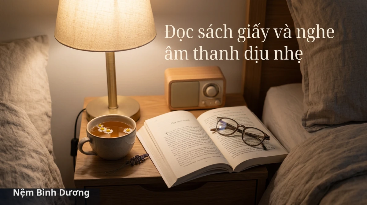 Đọc sách giấy dưới ánh đèn dịu giúp giảm áp lực cho mắt và xoa dịu tâm trí - Một số cách thư giãn tinh thần trước khi lên giường 3 Đọc sách giấy dưới ánh đèn dịu giúp giảm áp lực cho mắt và xoa dịu tâm trí - Một số cách thư giãn tinh thần trước khi lên giường
