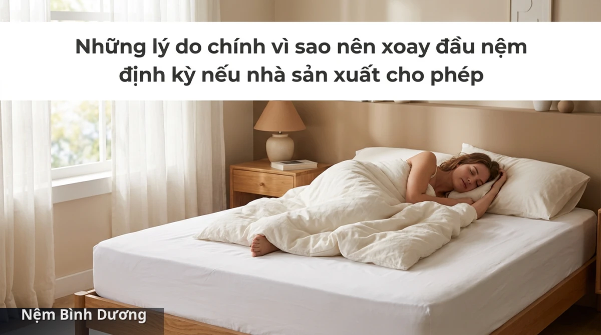 Xoay nệm giúp duy trì bề mặt phẳng, nâng đỡ cơ thể tốt hơn, từ đó cải thiện đáng kể chất lượng giấc ngủ. - Vì sao nên xoay đầu nệm định kỳ nếu nhà sản xuất cho phép?